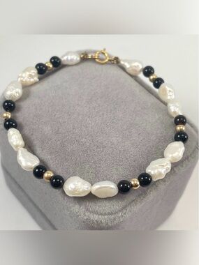 14K Gold Onyx Freshwater Baroque Pearl Beaded Bracelet Elegant Stunning Vintage